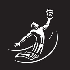 a vector logo featuring the outline of a man performing a jump serve in volleyball.