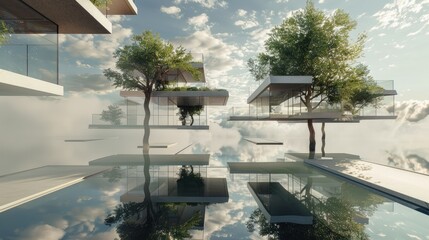Fototapeta premium Floating architectural concept with interconnected buildings and sky bridges