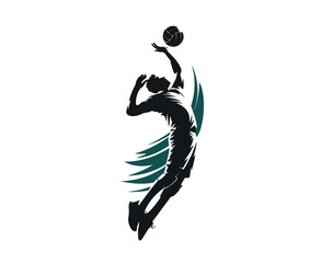 a vector logo featuring the outline of a man performing a jump serve in volleyball.