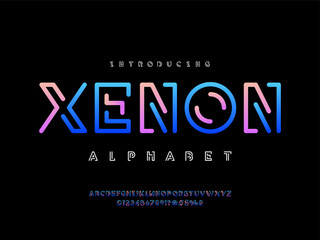 neon trendy style alphabet design with uppercase, numbers and symbols