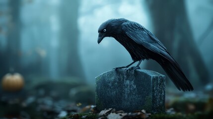 Fototapeta premium Sinister crow on a gravestone, dark Halloween night, 3D illustration