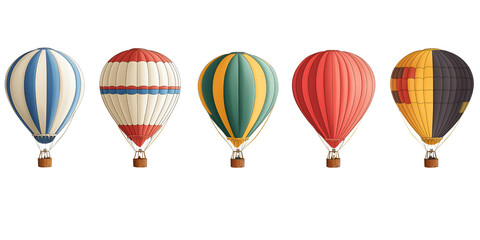 A collection of colorful hot air balloons on a transparent background, each with unique patterns and designs..