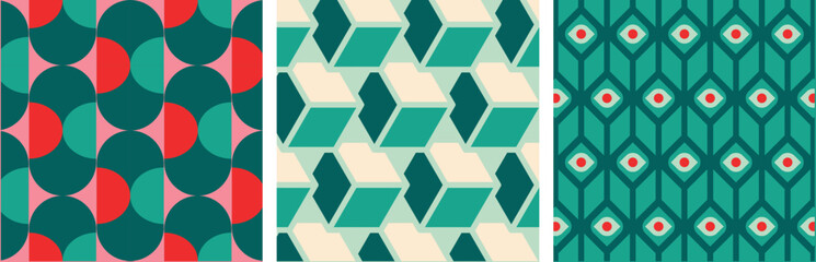 Christmas Retro Patterns Bundle Set in Green, Turquoise Pink, Red and Beige, xmas vector pattern design, 60s and 70s retro aesthetic style