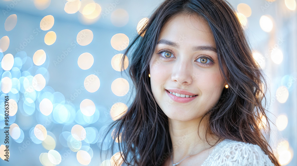 Wall mural beautiful asian woman smiling with bokeh lights background - beauty