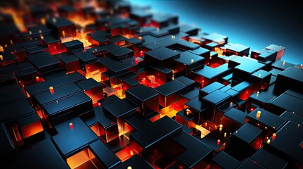 Fototapeta premium Intricate network of interconnected cubes with glowing red hot sections,