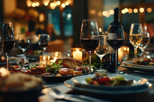 A celebratory dinner setup with wine, elegant dishes, and various food items, surrounded by candlelight and a warm, inviting atmosphere perfect for gatherings.