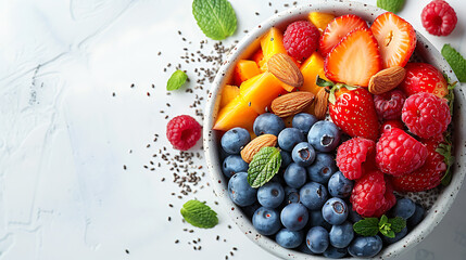 Chia pudding topped with fresh fruits and nuts