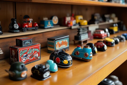 Antiques with a touch of whimsy, illustrated with objects that have a playful or quirky character, such as vintage toys, old advertising signs, or unusual collectibles