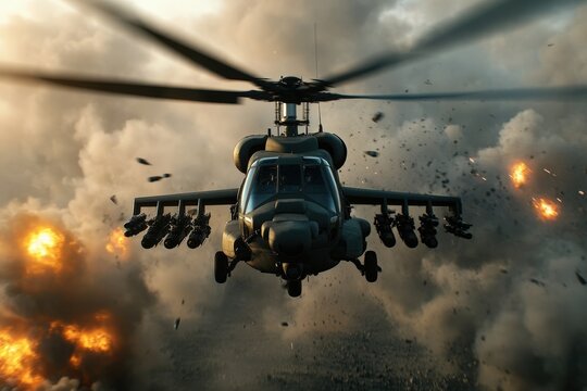A combat helicopter soars through a battlefield, while explosions and debris cloud the sky, capturing a dynamic and intense scene of aerial warfare in action.