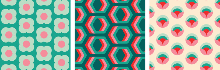 Christmas Retro Patterns Bundle Set in Green, Turquoise Pink, Red and Beige, xmas vector pattern design, 60s and 70s retro aesthetic style