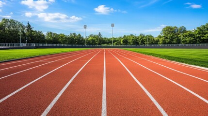 Spectacular Outdoor Sports Facility with Empty Running Track Lanes, Ready for Athletic Competitions and Training in High-Resolution