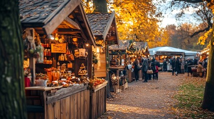A warm-toned festival with stalls selling handmade autumn crafts and food