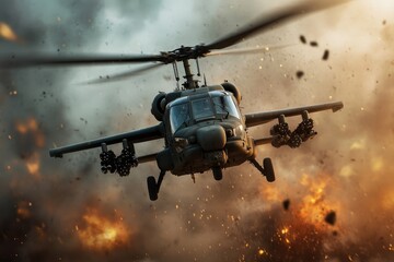 A military helicopter navigates through a chaotic battlefield, with clouds of debris and fire capturing the raw intensity and chaos of modern warfare at its peak.