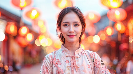 Obraz premium Beautiful Asian Woman in Traditional Chinese Clothing with Red Lanterns in Background - Chinese New Year Celebration