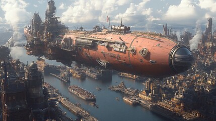 49. A massive steampunk airship docked at a floating city, with passengers disembarking and goods being unloaded by steam-powered cranes