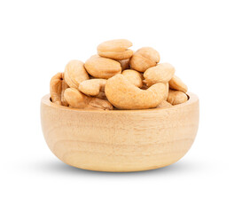 Roasted cashews in wooden bowl isolated on transparent png
