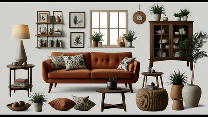 PNG cut-out set of home furniture pieces on a transparent background for design.