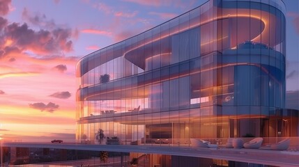 Obraz premium Futuristic skyscraper with curved glass walls reflecting the sunset