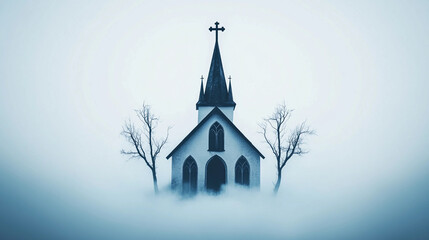 A mysterious old church emerges from fog, featuring tall steeple and broken stained glass windows, surrounded by barren trees.