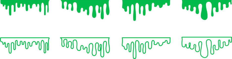 Paint dripping. Green dripping ink. Dripping liquid. Current paint, stains. Flowing liquid on transparent background. Vector