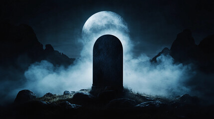 A foggy moonlit graveyard with single ancient tomb creates haunting atmosphere. moon casts an eerie glow, enhancing mysterious setting.