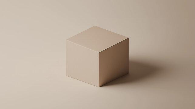 Beige cardboard square cube box mockup casting shadow on beige background