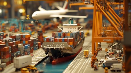 Cargo Ship Model with Container Cranes and Trucks