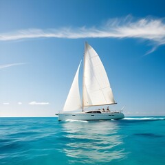 Fototapeta premium Sailboat sailing on the big blue, calm sea with clear sky with some clouds and copy space wallpaper 