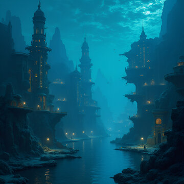 A serene underwater & fantasy city with bioluminescent buildings