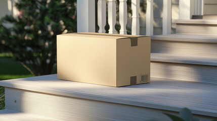 Cardboard box mockup sitting on porch steps of house
