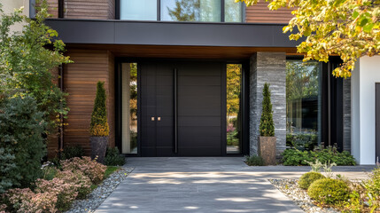 Wooden modern front home entrance door to a country house.