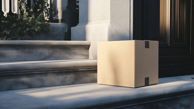 Cardboard parcel box sitting on steps of house front porch