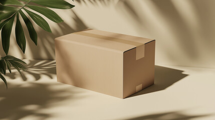 Cardboard box mockup casting tropical plant shadow on yellow background