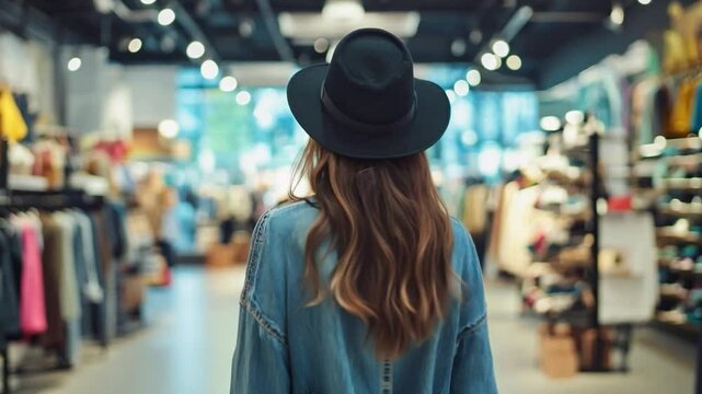 A woman with long hair walks through a vibrant clothing store, admiring the stylish displays and enjoying the bright atmosphere as she shops for fashion items.