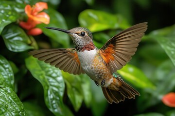 Fototapeta premium hummingbird midflight surrounded by lush tropical foliage wings frozen in motion vivid colors and intricate details