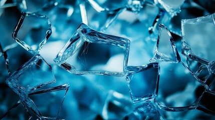 A close-up view of shattered blue glass fragments, showcasing intricate details and sharp edges.
