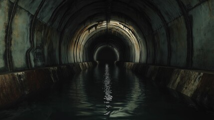 Obraz premium Moody image of a dark, abandoned underground tunnel with rusted walls and water on the floor.