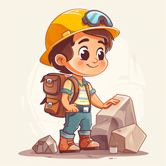 Fototapeta premium Cute Cartoon Boy with Helmet and Backpack Exploring Rocks, Adventure, Curiosity, Geology for Kids, Outdoor Exploration, Nature Education, STEM Activities, Young Explorer, Children's Book Illustration