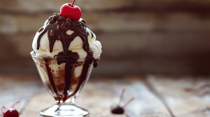 Delicious vanilla ice cream sundae topped with rich chocolate syrup, chocolate chips, and a cherry, served in a glass dish.