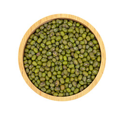 Green mung beans in wooden bowl,top view