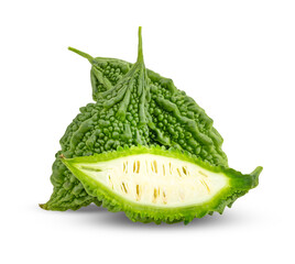 Fresh bitter gourd Bitter cucumber or bitter melon with cut slice isolated on white background.
