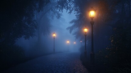 A misty park path illuminated by glowing vintage street lights, surrounded by dense, dark forest...