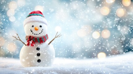 Fototapeta premium Happy snowman standing in christmas landscape. Snow background with copy space