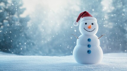 Fototapeta premium Happy snowman standing in christmas landscape. Snow background with copy space