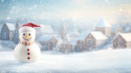 Fototapeta premium Happy snowman standing in christmas landscape. Snow background with copy space
