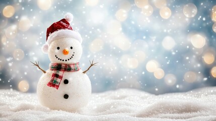 Obraz premium Happy snowman standing in christmas landscape. Snow background with copy space