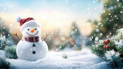 Obraz premium Happy snowman standing in christmas landscape. Snow background with copy space