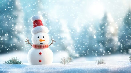 Obraz premium Happy snowman standing in christmas landscape. Snow background with copy space