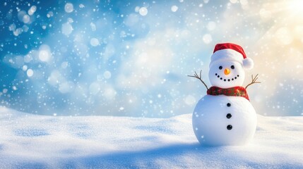 Fototapeta premium Happy snowman standing in christmas landscape. Snow background with copy space