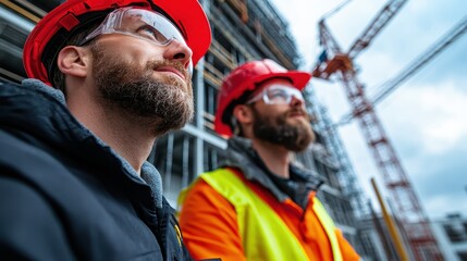 Obraz premium Two construction supervisors on a building site, equipped with safety gear, overseeing projects, symbolizing leadership, supervision, and safety compliance in the industrial sector.